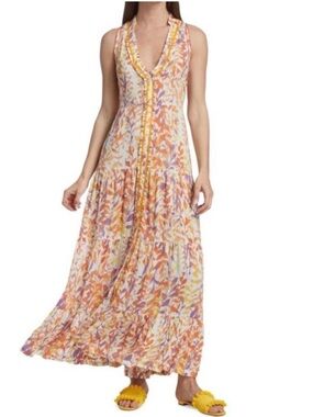 Poupette St Barth Nana Yellow Floral Leaf Maxi Dress Size Medium
